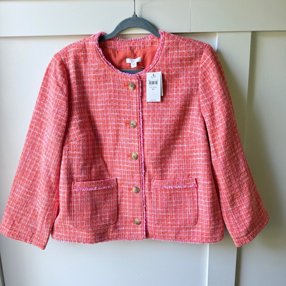 J. Jill Tweed Blazer Jacket Pink Orange Fringed Plaid Collarless Medium NEW NWT